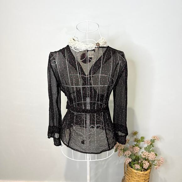 Hot pink & black polka dot silky vintage 90s wrap tie long sleeve blouse top - Picture 4 of 6